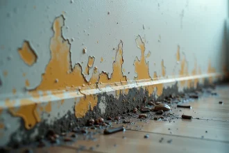 Mur intérieur d'appartement en copropriété présentant des traces d'humidité, de moisissures et de peinture décollée près de la plinthe