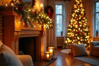 Salon décoré avec des illuminations de Noël professionnelles, guirlandes lumineuses dorées sur une cheminée en bois et sapin au fond