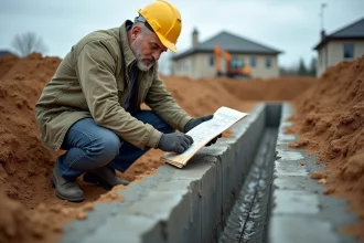 Ingénieur de chantier analysant les fondations en béton d'une maison en construction