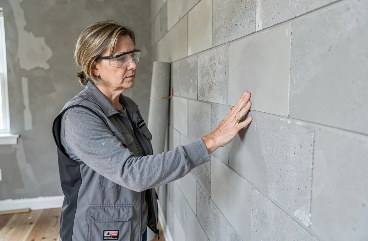 Professionnelle inspectant un mur en parpaing intérieur après application d'un enduit de rénovation énergétique