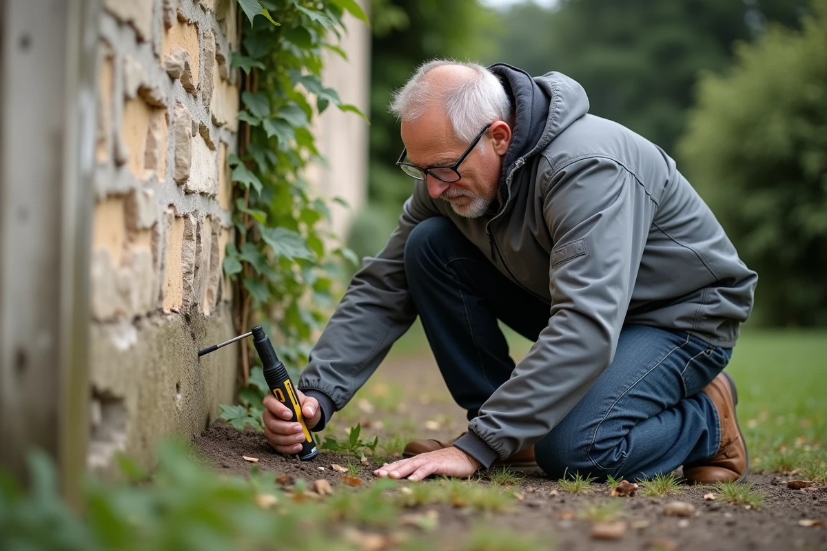 Technicien inspectant l'isolation extérieure d'une maison ancienne lors d'un diagnostic thermique sur site