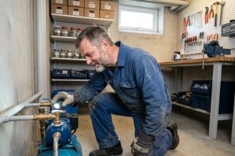 Homme en overalls inspectant une pompe dans un sous-sol propre
