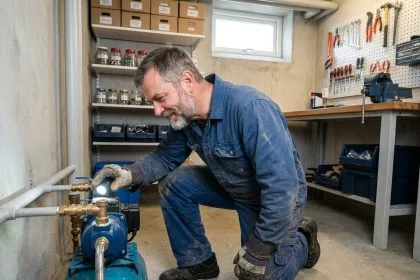 Homme en overalls inspectant une pompe dans un sous-sol propre