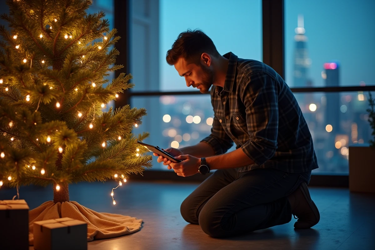Homme installant une guirlande de Noël connectée sur un sapin dans un appartement moderne avec vue urbaine nocturne