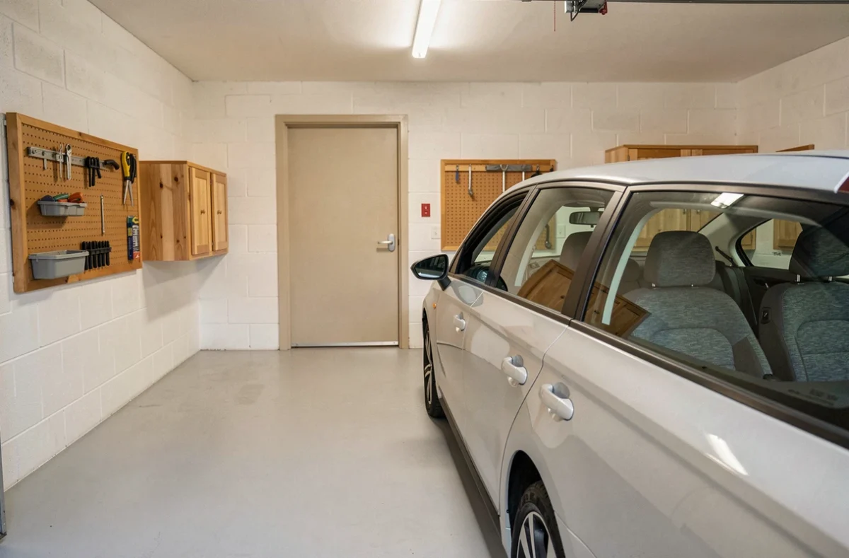Intérieur de garage intégré dans une maison de plain pied, sol époxy gris et porte d'accès intérieure