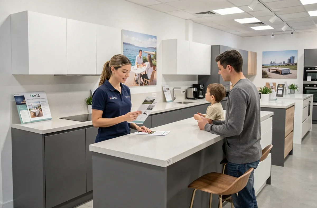 Cuisine Ixina grise anthracite avec bar petit-déjeuner et unités blanches dans le showroom de Dunkerque