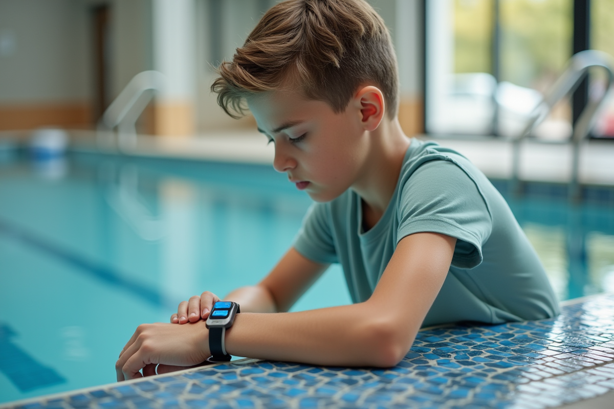 Adolescent attache un bracelet de sécurité au pool