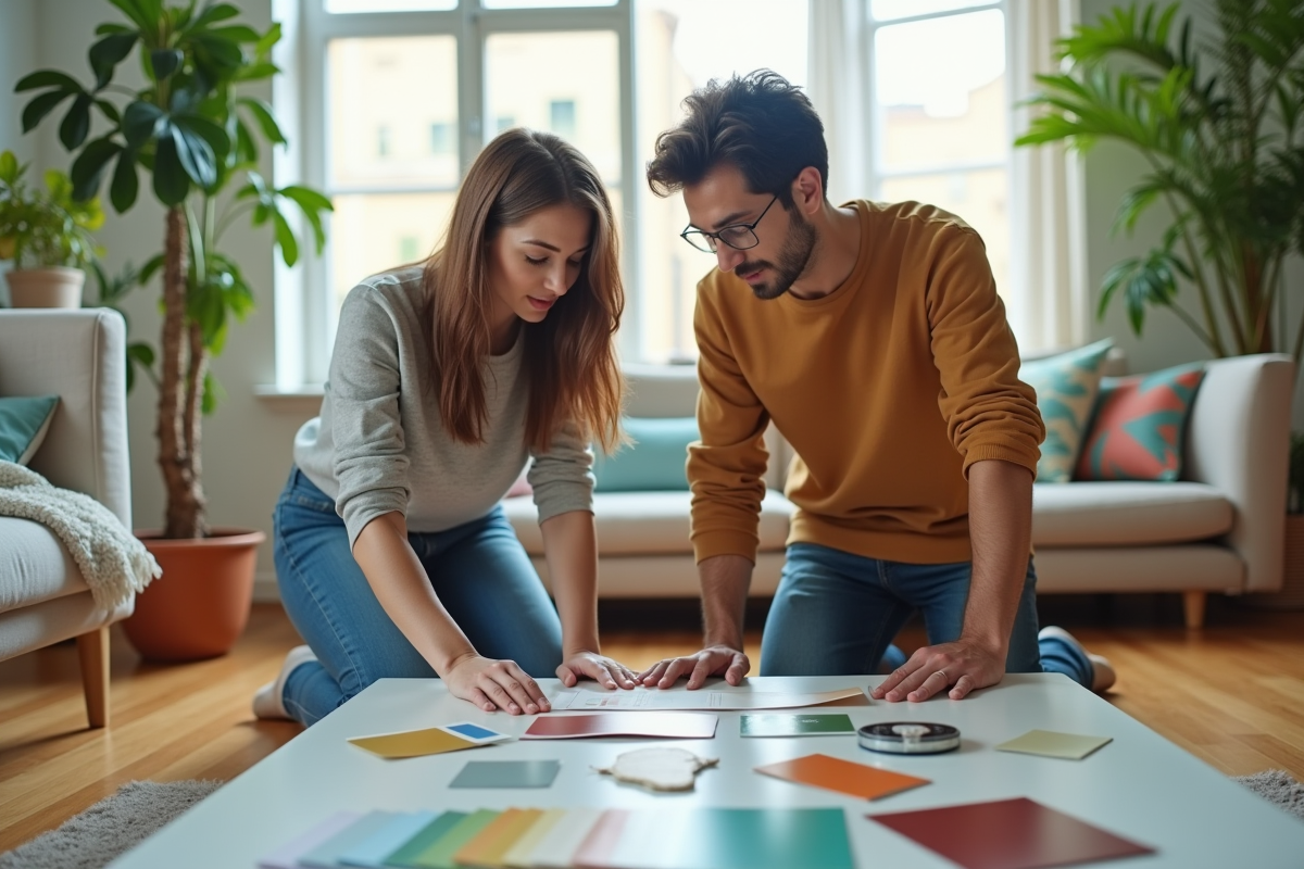 Jeune couple examinant des échantillons de peinture dans un salon lumineux