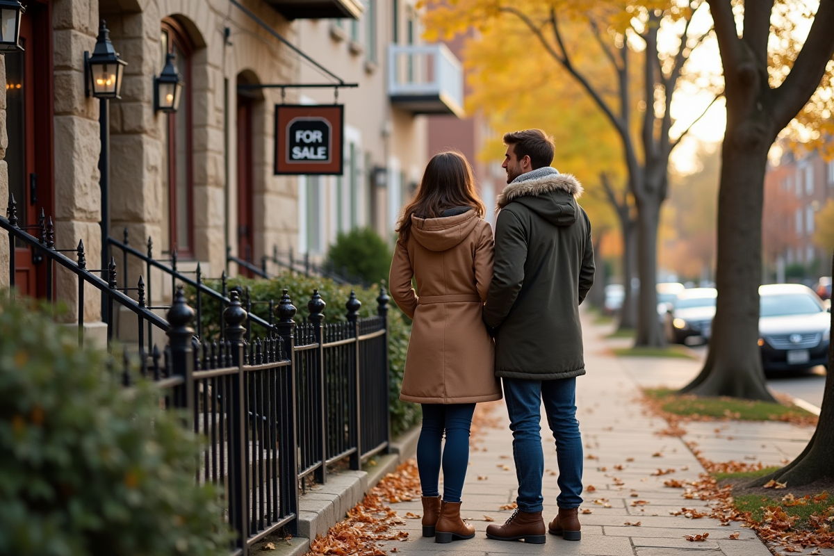 Jeune couple devant une maison à vendre avec un panneau