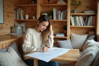 Jeune femme esquissant des plans dans un chalet en bois chaleureux