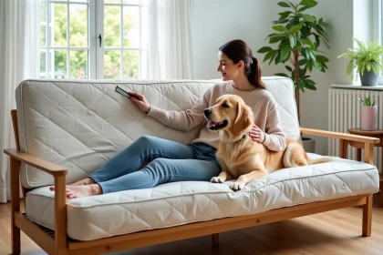 Jeune femme avec chien sur canapé en slipcover doux