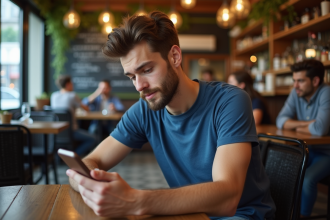 Jeune homme français au café à Paris regardant son smartphone