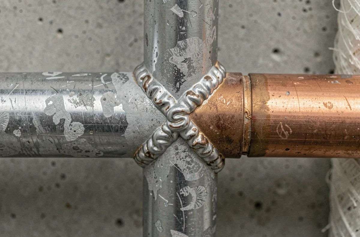 Gros plan sur un joint soudé entre acier galvanisé et cuivre montrant le contraste des matériaux et les résidus de flux