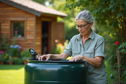Femme vérifiant l'eau dans un tonneau de pluie dans le jardin