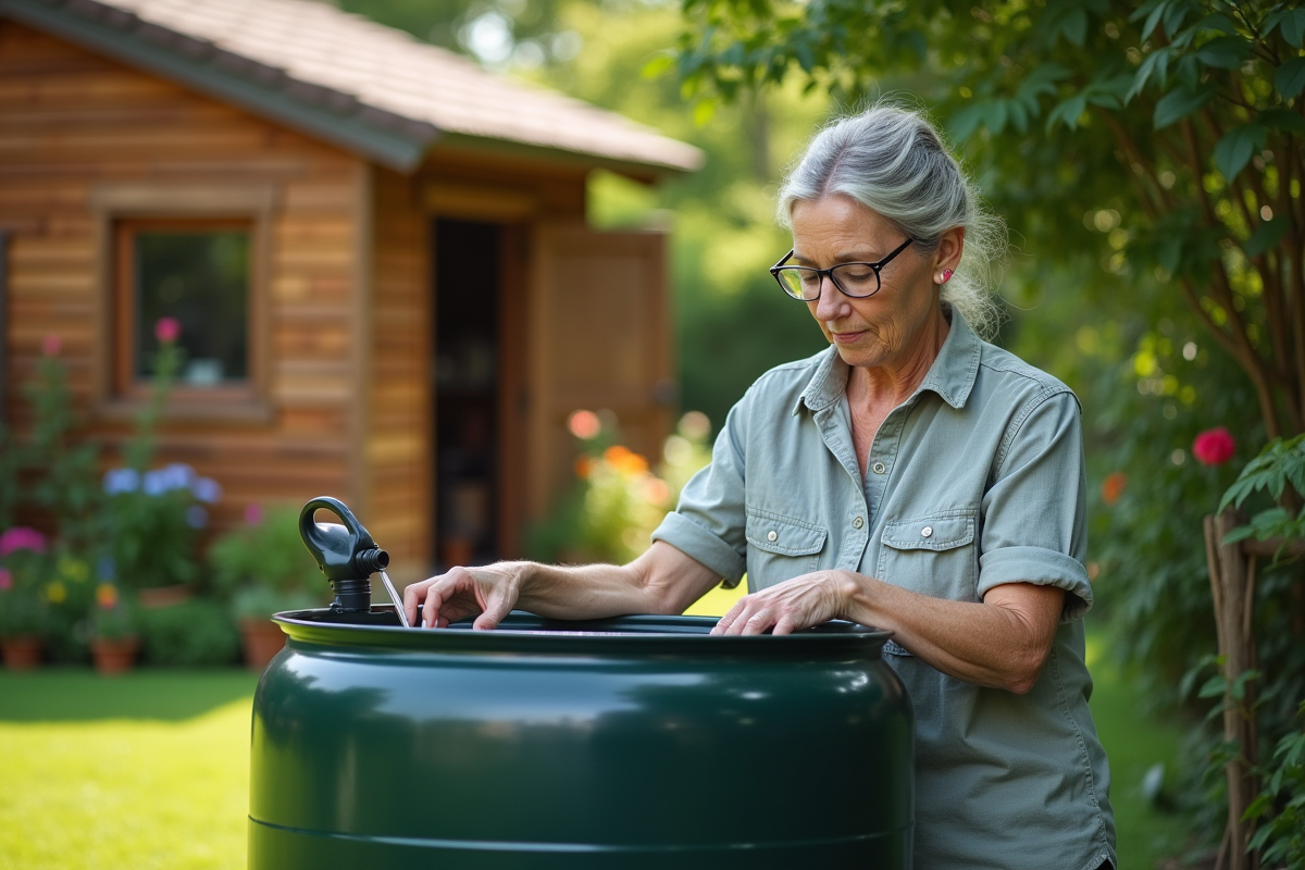Femme vérifiant l'eau dans un tonneau de pluie dans le jardin