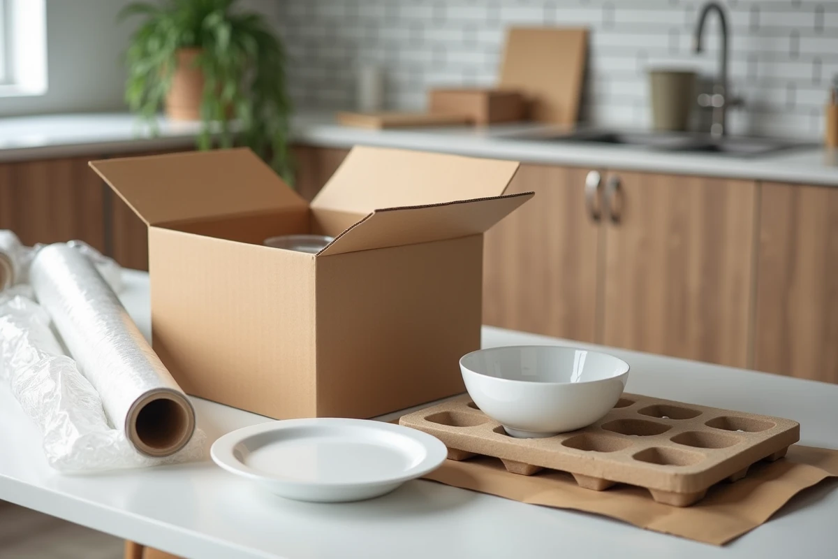 Comparaison entre un kit complet de carton à vaisselle avec accessoires et un carton individuel pour assiette posés sur un plan de travail de cuisine