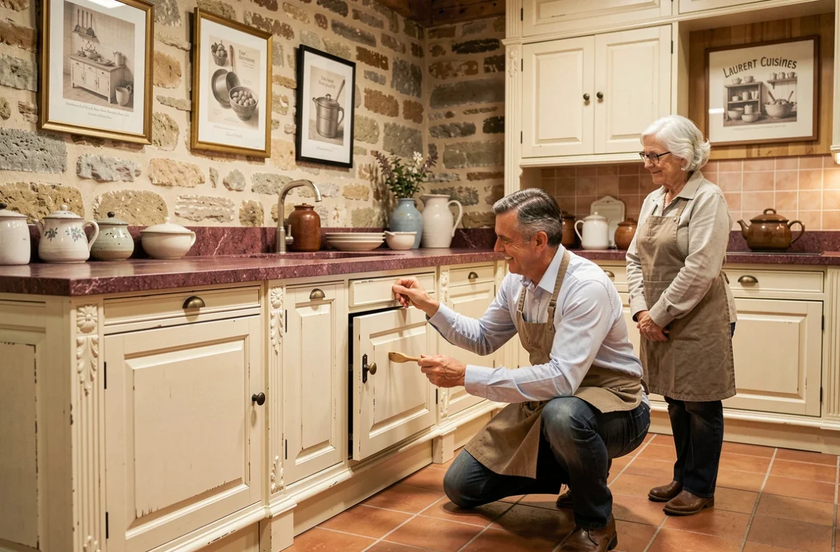 Cuisine Laurent Cuisines de style provençal en crème avec moulures sculptées et plan en calcaire dans le showroom de Cambrai