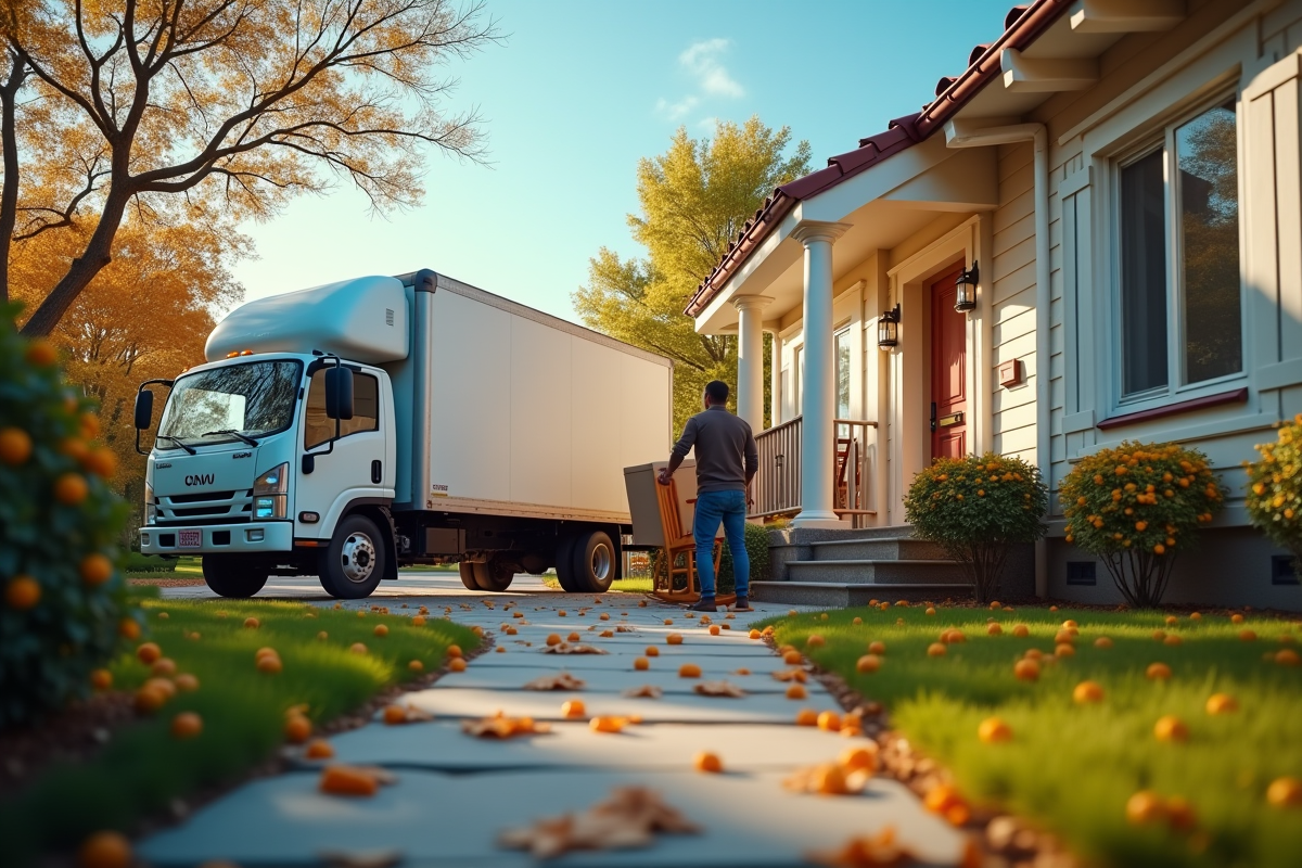 Camion de livraison garé devant une maison accueillante