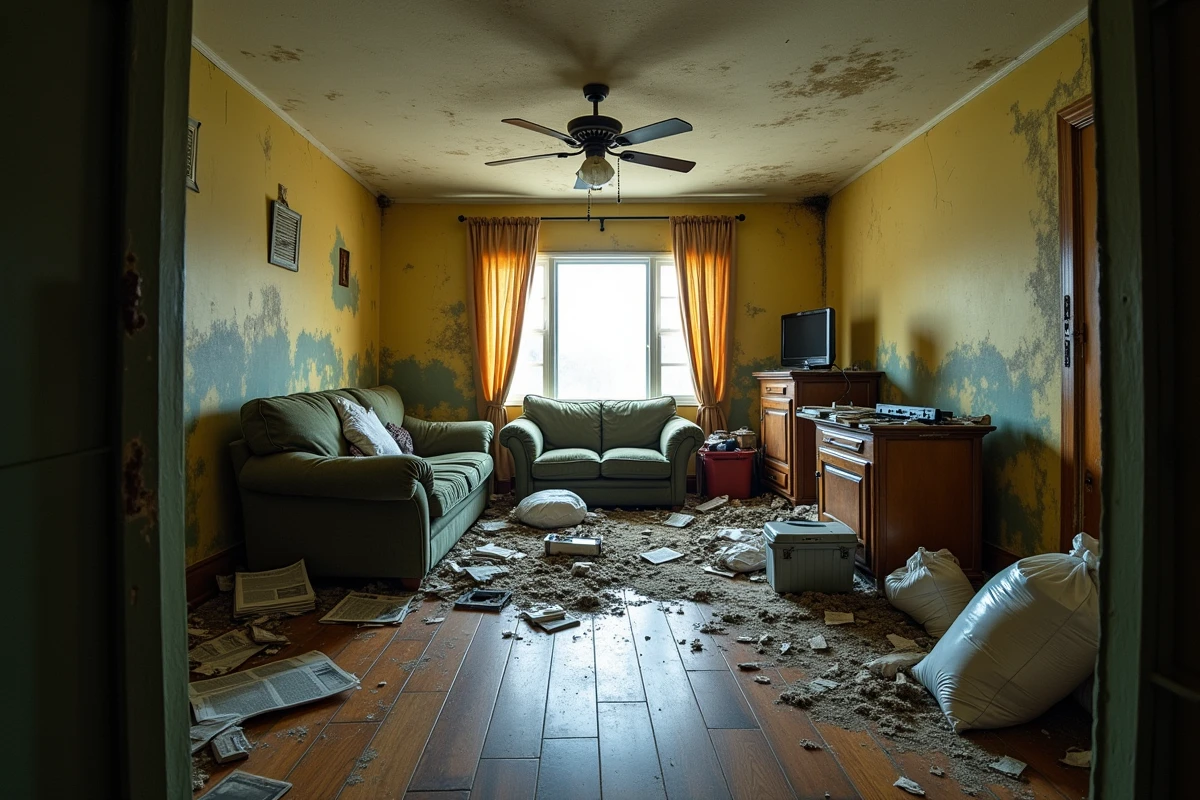Pièce de vie abandonnée et insalubre avec déchets encombrants, illustrant la nécessité d'un débarras maison gratuit et légal