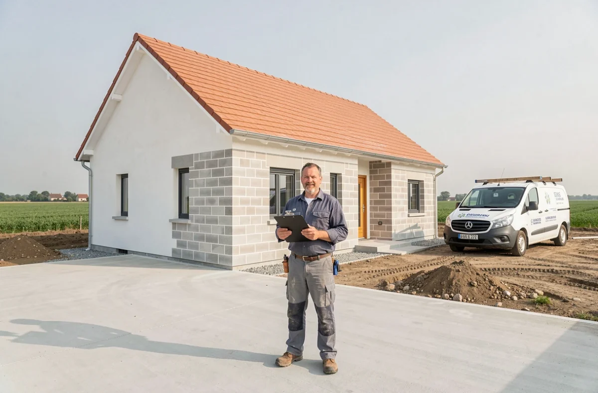 Maçon devant une maison neuve en construction terminée dans un village rural de l'Aisne