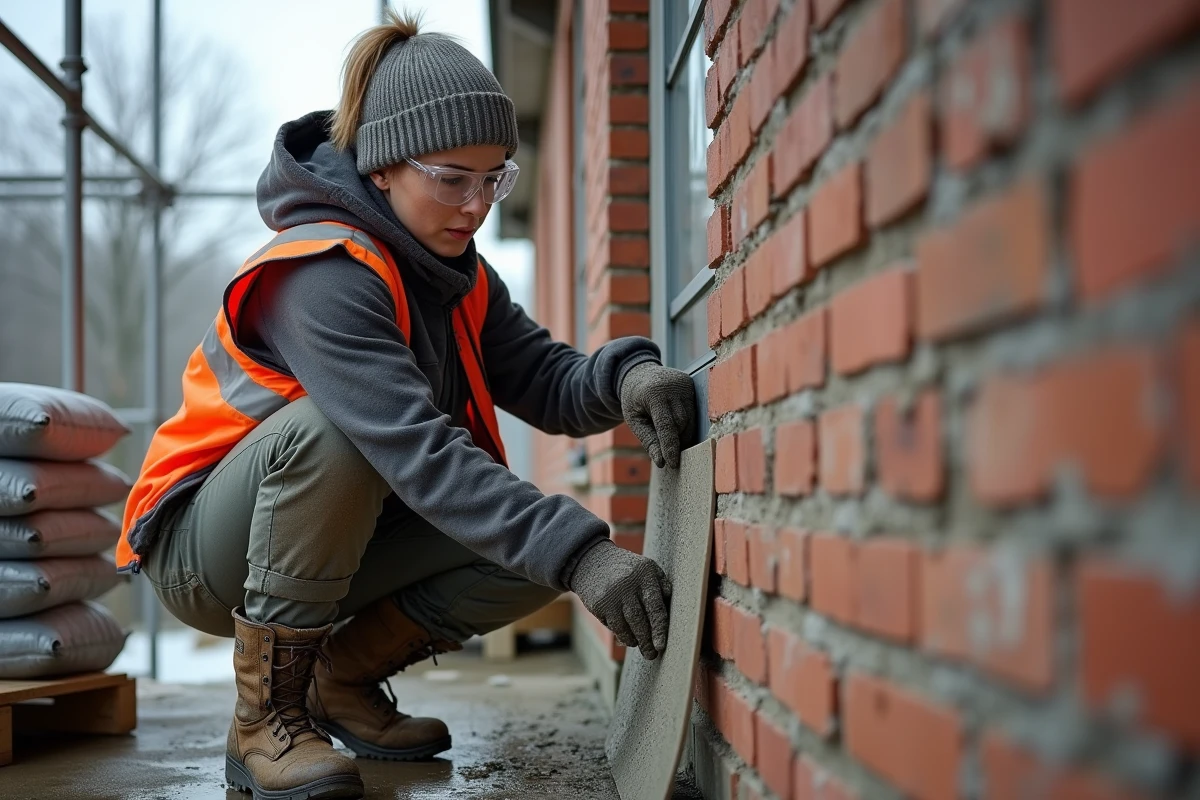 Maçonne appliquant du mortier extérieur anti-gel sur un mur en brique lors d'une rénovation hivernale