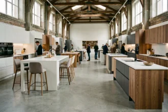 Showroom de cuisinistes dans le Nord avec plusieurs cuisines exposées et des clients qui explorent les modèles