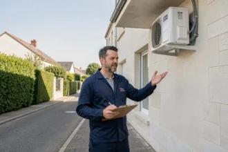 Technicien professionnel en climatisation devant une maison dans les Yvelines, illustrant le classement des meilleurs installateurs de la région