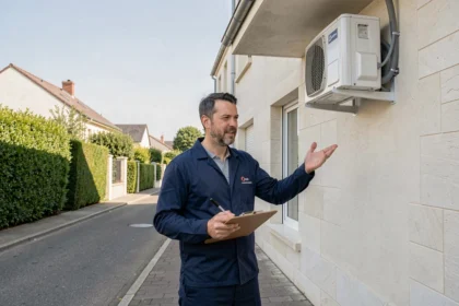 Technicien professionnel en climatisation devant une maison dans les Yvelines, illustrant le classement des meilleurs installateurs de la région