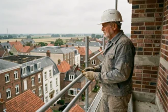 Maçon expérimenté sur un échafaudage surplombant un paysage de maisons en briques typiques des Hauts-de-France