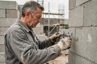 Ouvrier mesurant l'épaisseur d'un parpaing creux sur un chantier de construction pour évaluer les ponts thermiques