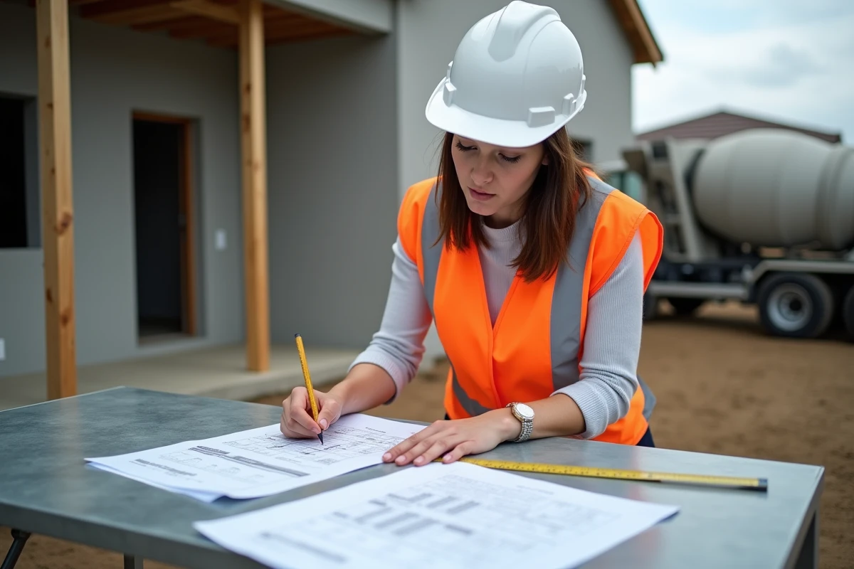 Métreur sur chantier calculant le volume de béton nécessaire pour les fondations d'une maison