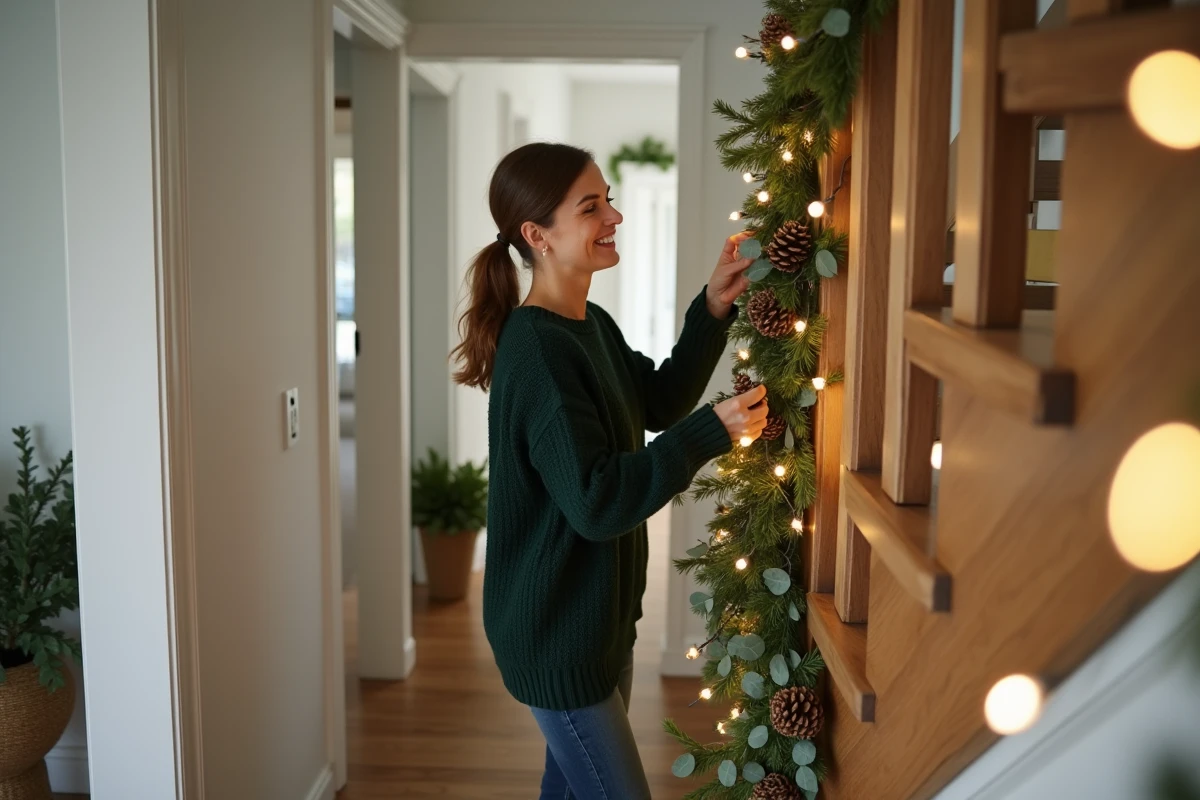 Femme arrangeant des guirlandes lumineuses LED sur une rampe d'escalier décorée de branches d'eucalyptus pour Noël