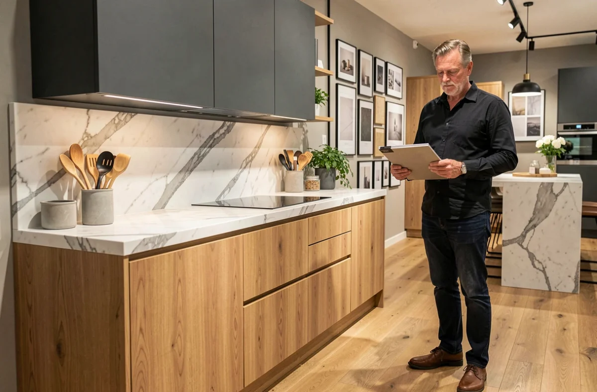 Cuisine Mobalpa en chêne naturel et anthracite présentée dans le showroom de Lille avec un conseiller tenant un échantillon de matière