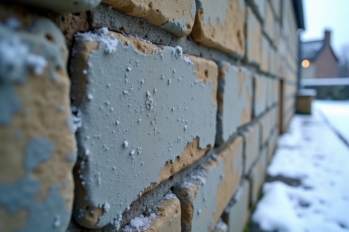 Gros plan sur joints de mortier extérieur résistant au gel sur mur en pierre ancienne en hiver