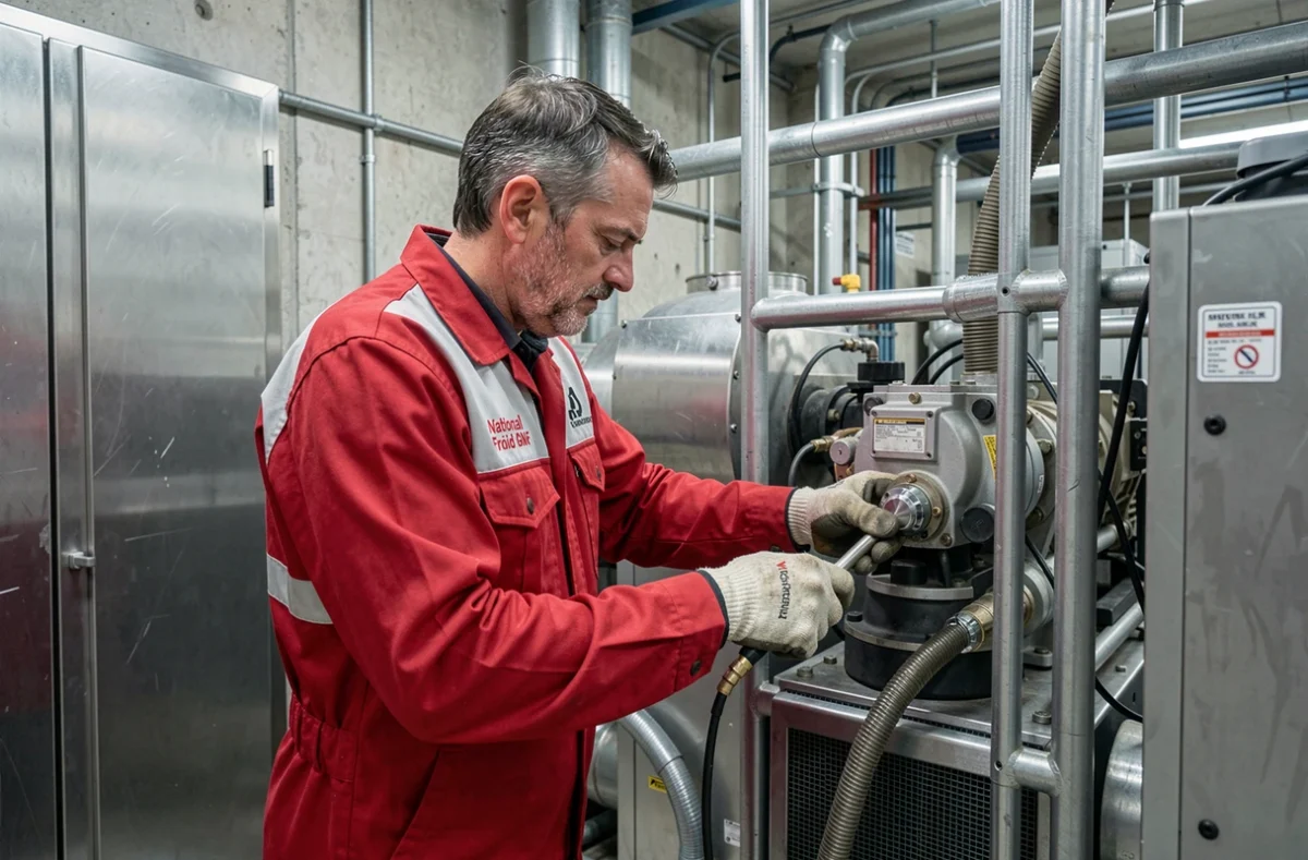 Technicien National Froid GNF entretenant un système de réfrigération commerciale dans une salle technique professionnelle