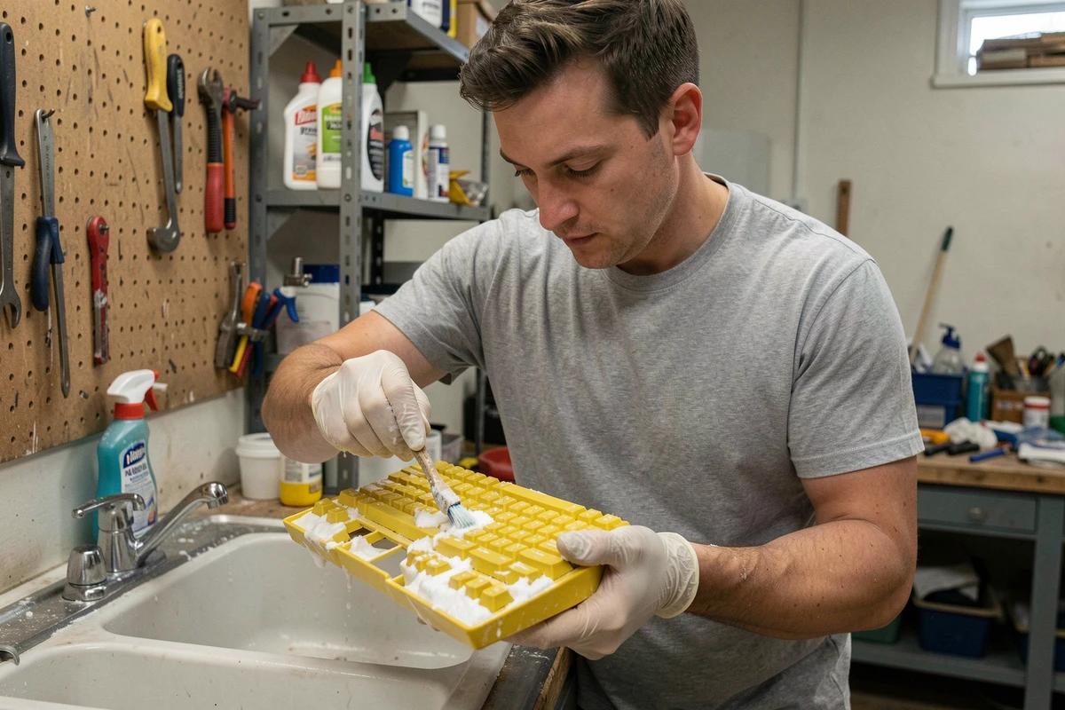 Homme nettoyant un clavier en plastique jauni avec du bicarbonate et une vieille brosse à dents dans un atelier