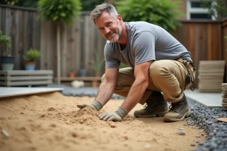 Ouvrier étalant une couche de sable sur une base de gravier pour la construction d'une terrasse extérieure