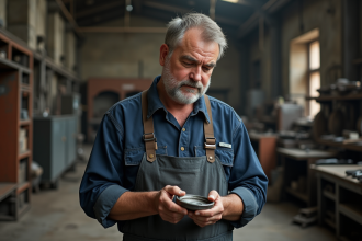 Ouvrier de fonderie homme examinant une pièce en métal