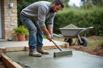 Ouvrier qualifié lissant une dalle béton extérieure fraîchement coulée dans un jardin de maison individuelle en France