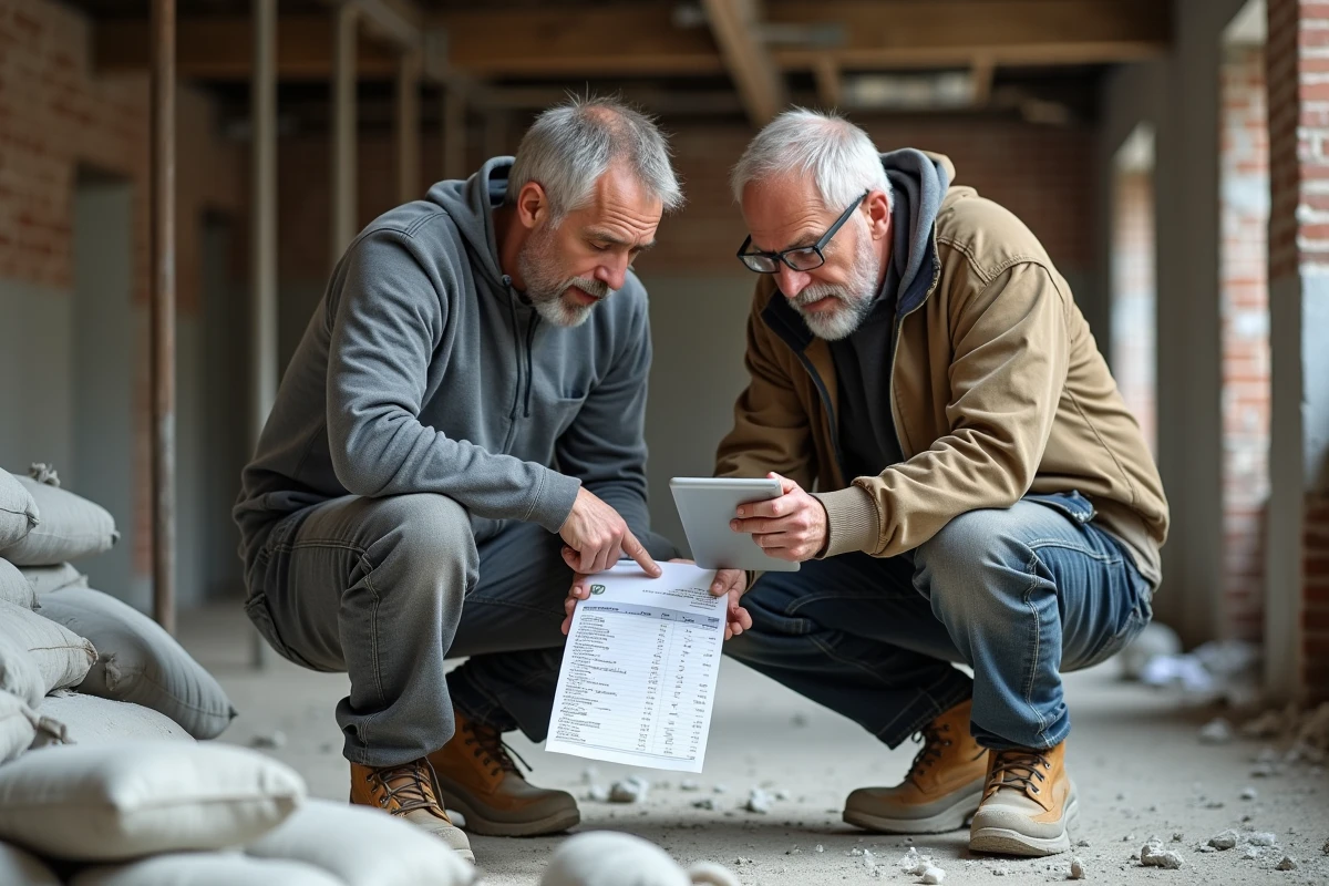 Deux ouvriers sur un chantier de rénovation consultant un devis pour comparer les prix de matériaux