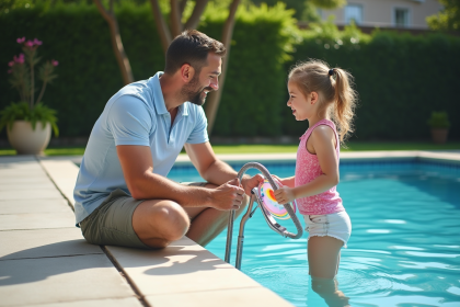 Père montre la barriere de sécurité piscine à sa fille