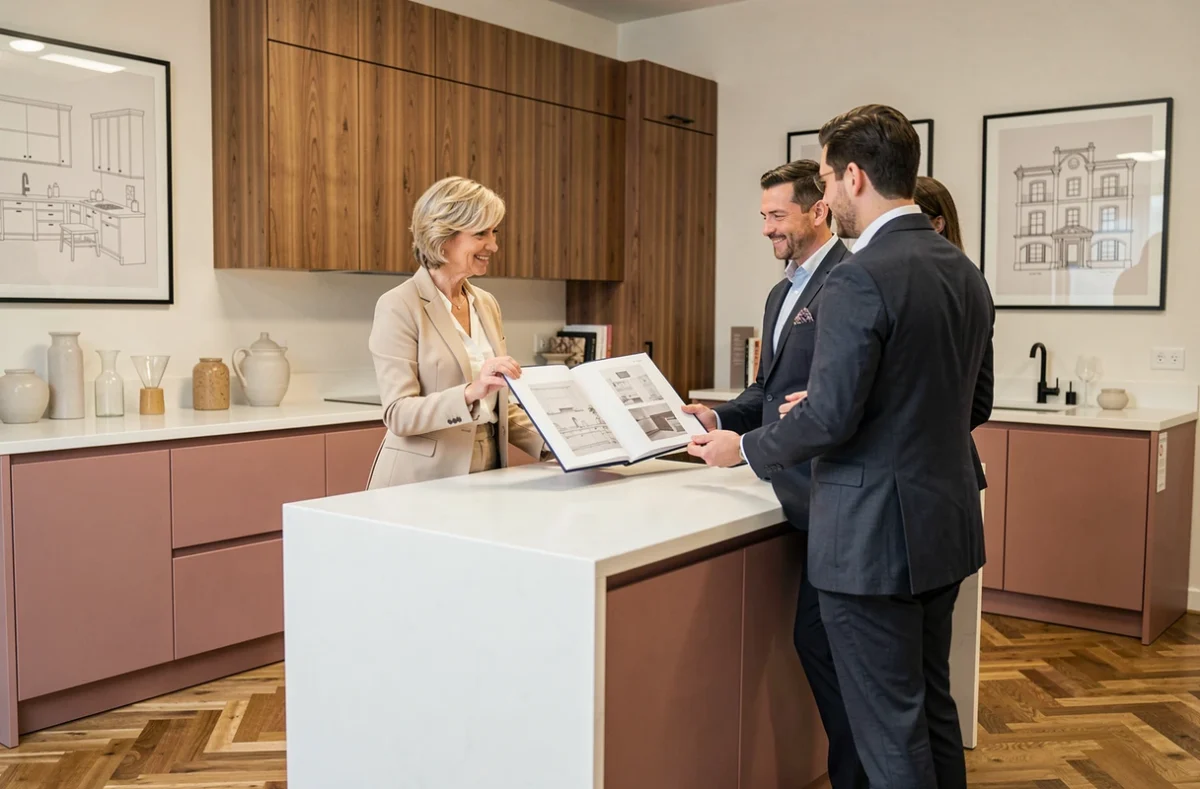Cuisine Perene bicolore rose poudré et noyer avec îlot en Dekton blanc dans le showroom de Marcq-en-Barœul