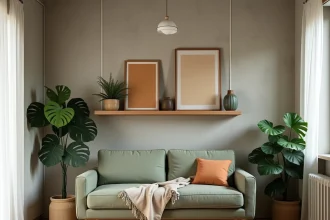 Petit studio parisien décoré avec style et budget maîtrisé, étagères en chêne et canapé vert sauge dans un espace compact