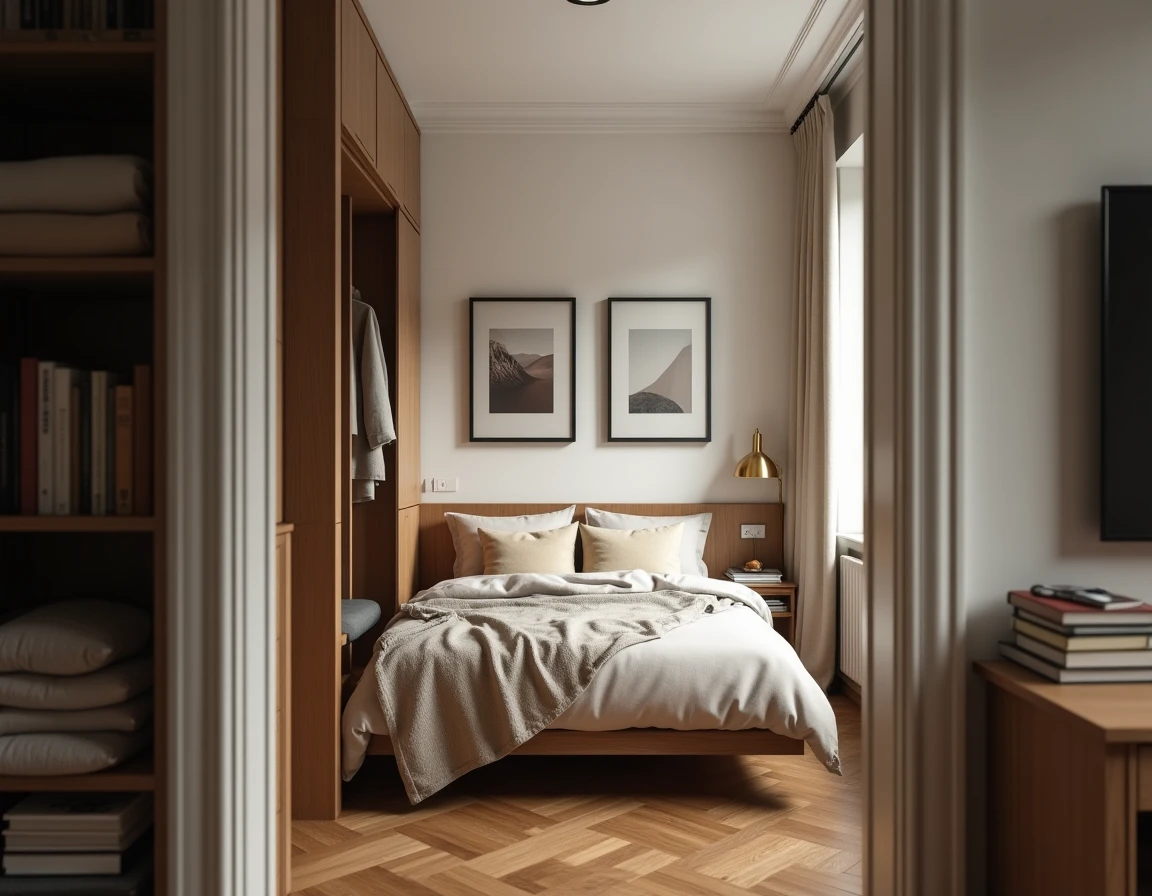 Petite chambre décorée avec des matières naturelles et un budget raisonné, literie en lin et mur de cadres