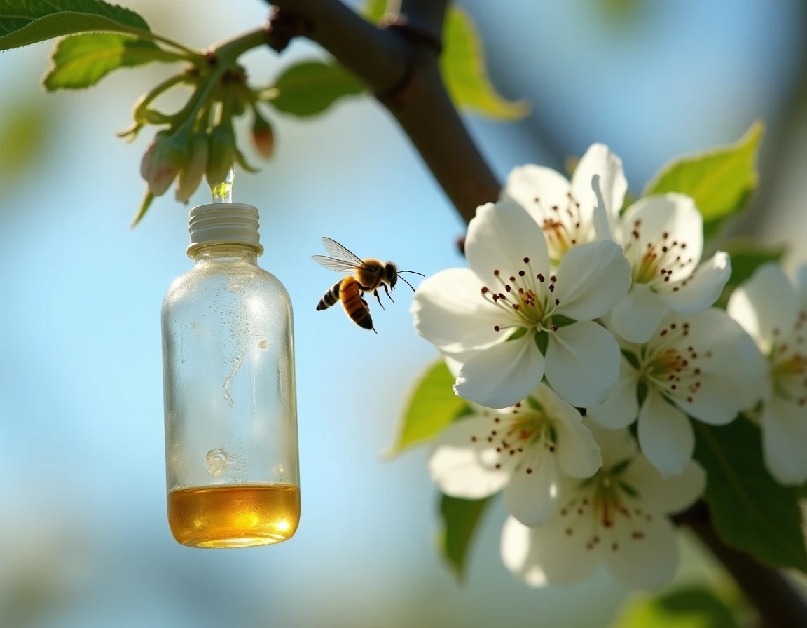 Gros plan d'un piège à phéromone artisanal dans un pommier en fleurs avec une abeille butineuse à proximité