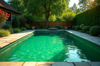 Piscine extérieure avec eau verte et algues visibles