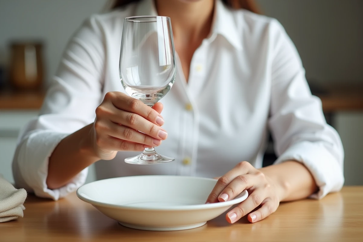 Mains de femme plaçant un verre à vin en diagonale au-dessus d'une assiette ronde sur une table en bois