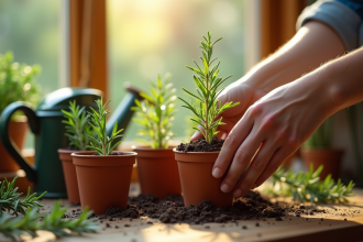Mains plantant du romarin dans des petits pots sur une table en bois