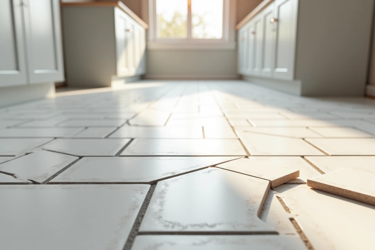 Découpe et pose de carreaux en grès cérame avec motif diagonal complexe sur sol de cuisine en cours de rénovation