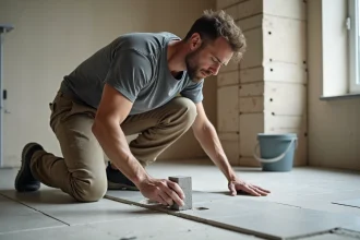 Carreleur professionnel posant du carrelage grand format dans une salle de bain en rénovation